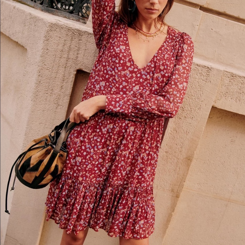 Sezane AURENA dress burgundy flowers 42